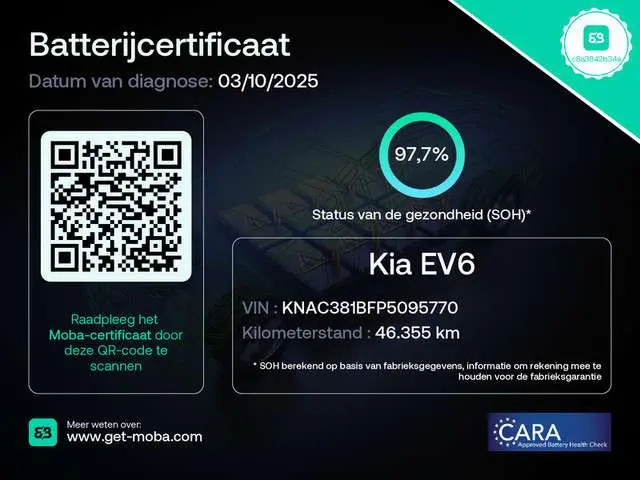 Kia EV6 58kWh Plus (SOH 97,7%) - Lederen bekleding - Navigatie - Elektr. stoelen - Stoel- en stuurverwarming - Afneembare trekhaak - Fabrieksgarantie tot 04-2030